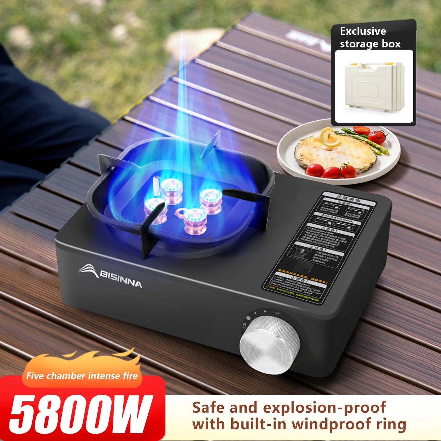 Camping Gas Stove 5800W High Firepower Outdoor Portable Cassette Burner for Picnic Hiking Trekking