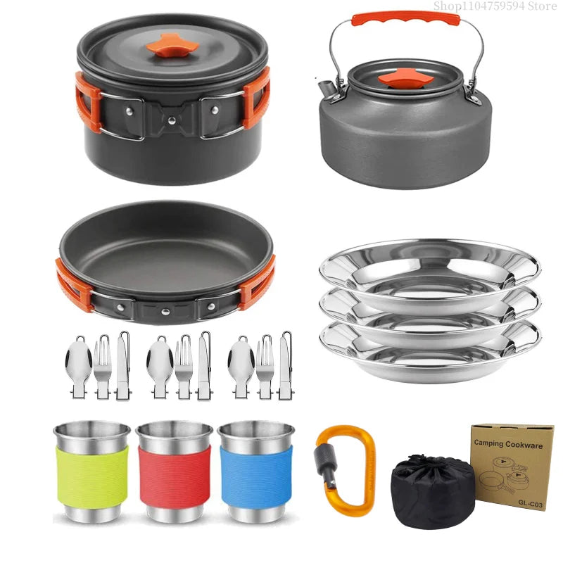 Outdoor Cooking Equipment - 2-3 Person Camping Pot Set with Folding Pot and Kettle Combination Kit Panelas Camping Tableware